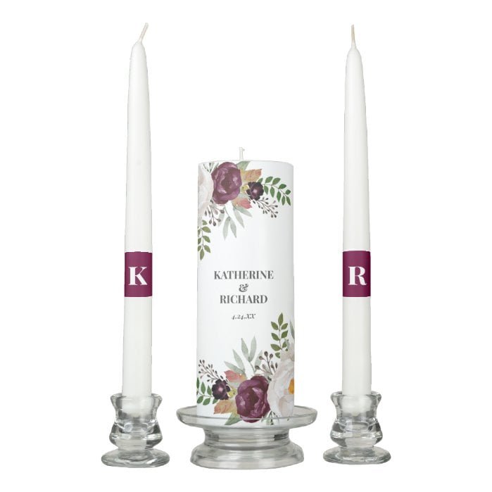 Burgundy Blush Watercolor Floral Wedding Unity Candle Set