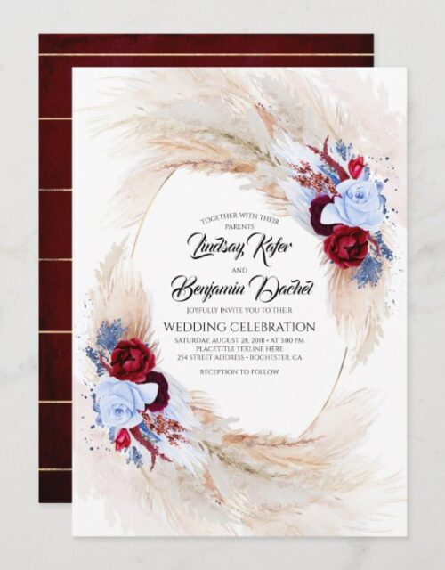 Burgundy & Dusty Blue Floral Pampas Grass Wedding Invitation