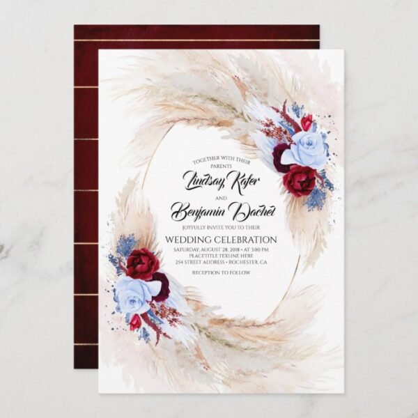 Burgundy & Dusty Blue Floral Pampas Grass Wedding Invitation