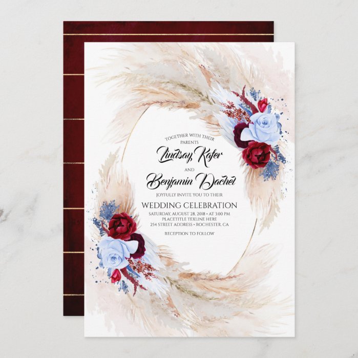 Burgundy & Dusty Blue Floral Pampas Grass Wedding Invitation