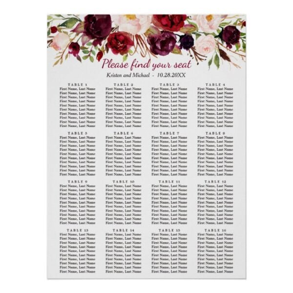 Burgundy Floral 16 Tables Wedding Seating Chart