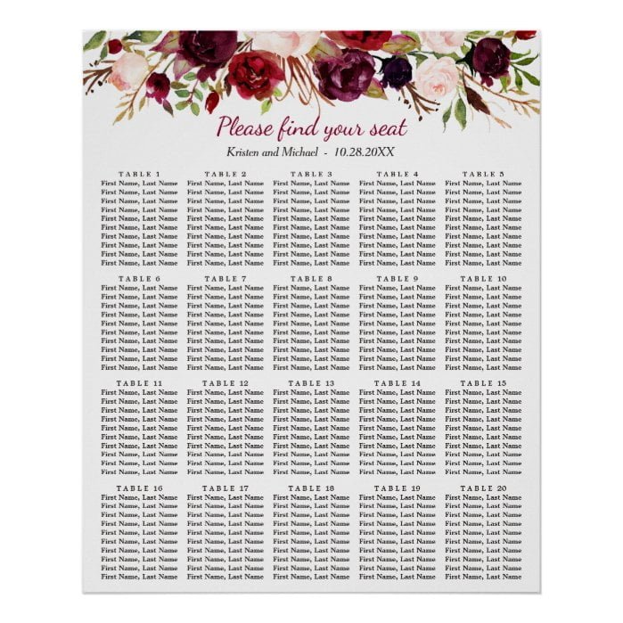 Burgundy Floral 20 Tables Wedding Seating Chart