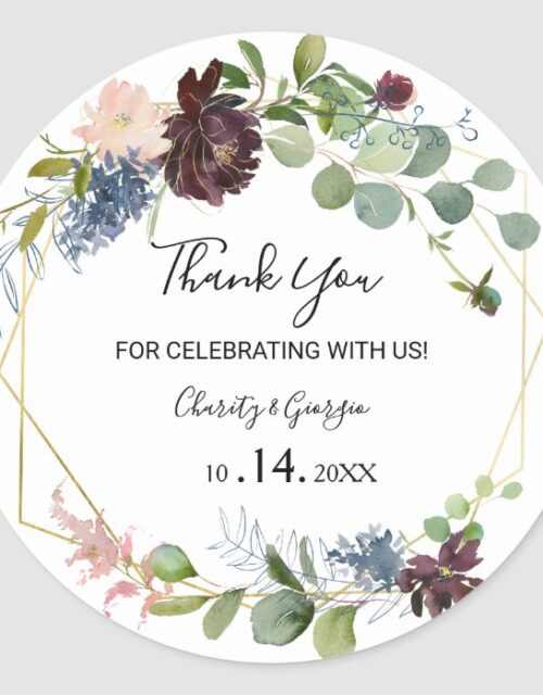 Burgundy Floral and Greenery Thank you Favor Classic Round Sticker