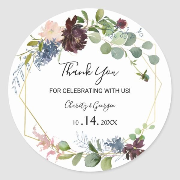 Burgundy Floral and Greenery Thank you Favor Classic Round Sticker