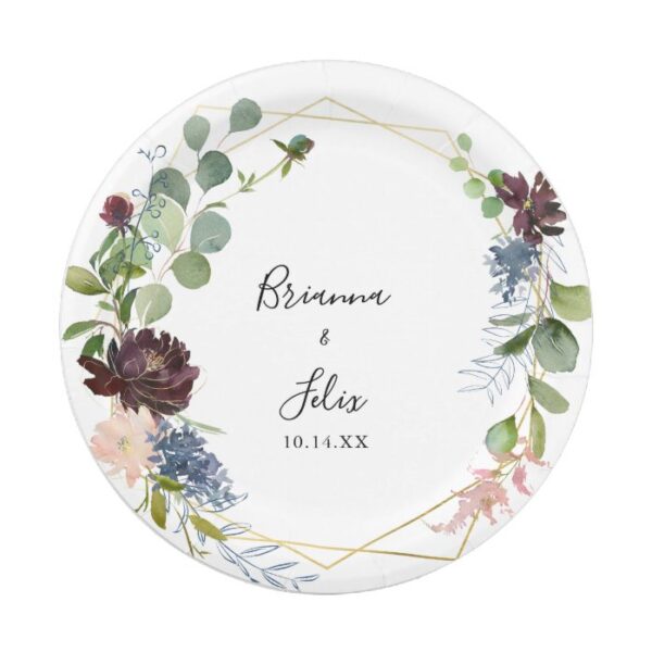 Burgundy Floral and Greenery Wedding Cake Paper Plate