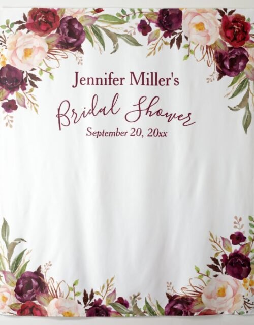 Burgundy Floral Custom Bridal Shower Photo Booth Tapestry