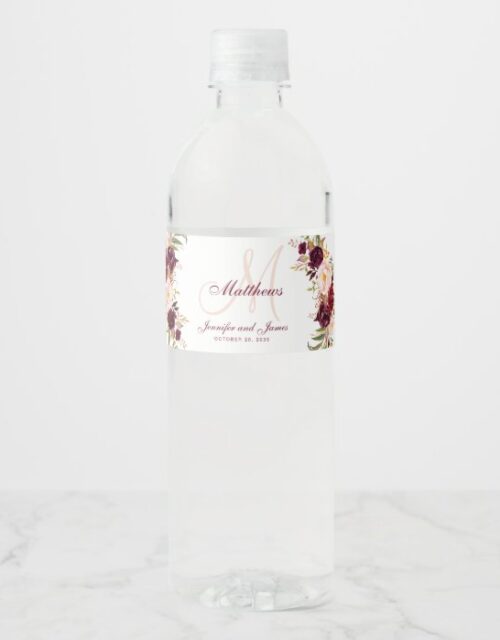 Burgundy Floral Elegant Blush Monogram Wedding Water Bottle Label