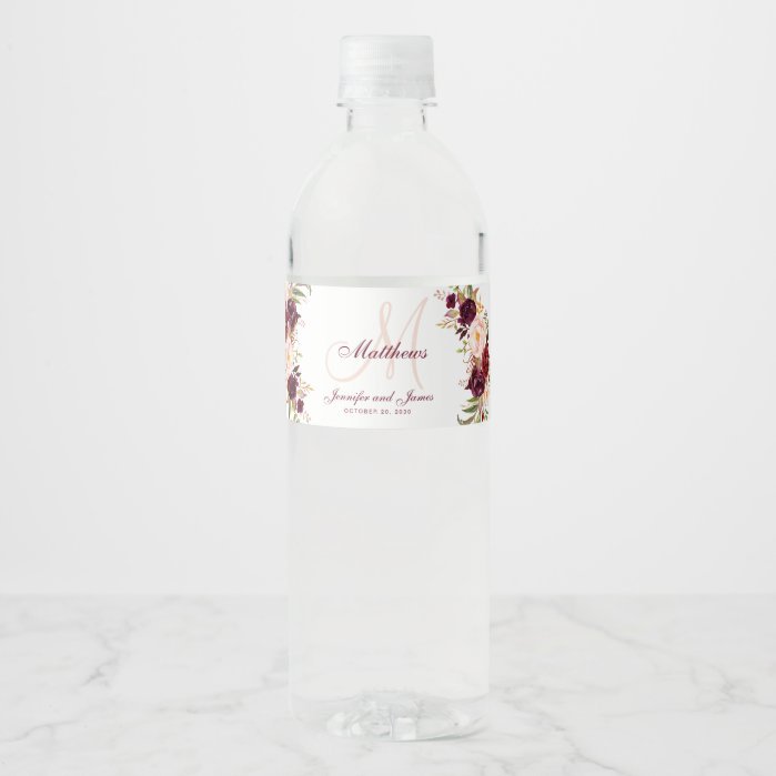 Burgundy Floral Elegant Blush Monogram Wedding Water Bottle Label