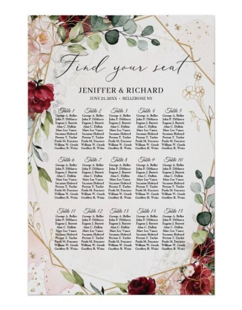 Burgundy floral gold geometric wedding seating poster