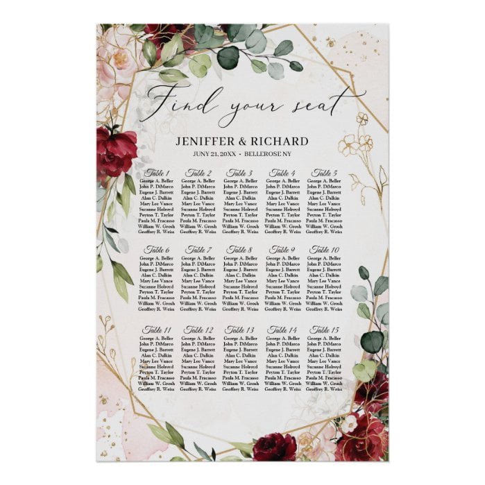 Burgundy floral gold geometric wedding seating poster