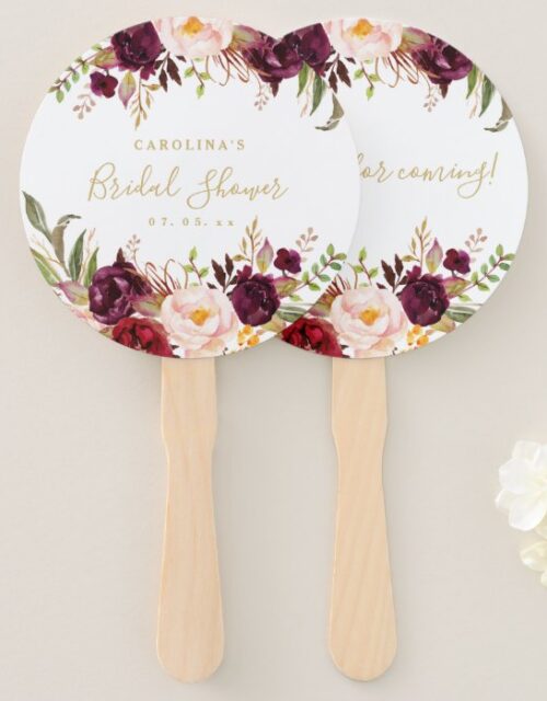 Burgundy Floral Gold Script Bridal Shower Hand Fan