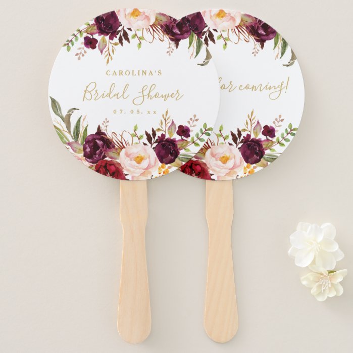 Burgundy Floral Gold Script Bridal Shower Hand Fan