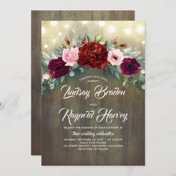 Burgundy Floral Greenery Garland Rustic Wedding Invitation
