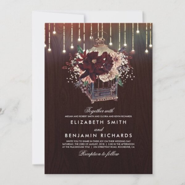 Burgundy Floral Lantern Lights Rustic Wood Wedding Invitation