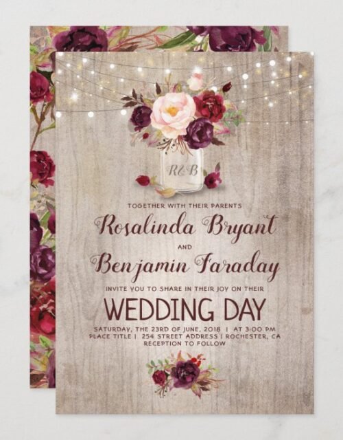 Burgundy Floral Mason Jar Rustic Wedding Invitation