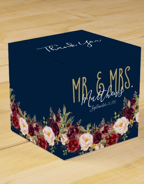 Burgundy Floral Navy Blue Script Rustic Wedding Favor Box