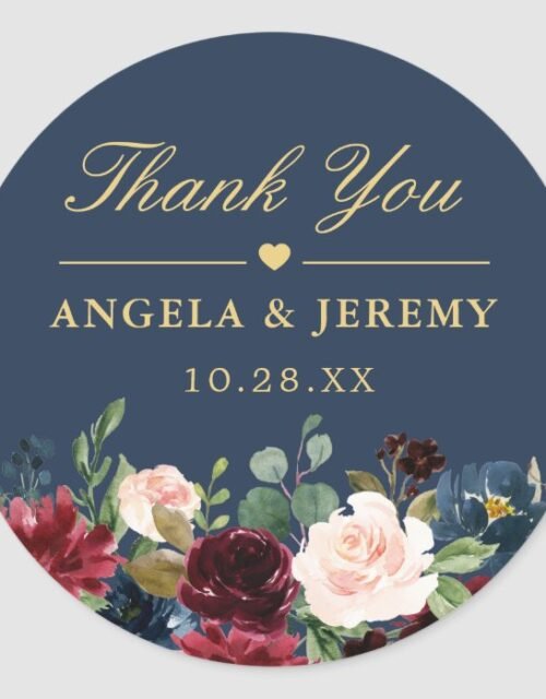 Burgundy Floral Navy Blue Thank You Wedding Favor Classic Round Sticker