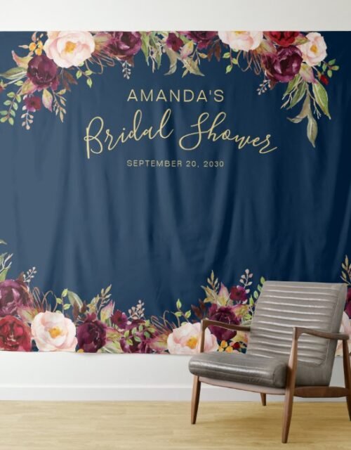 Burgundy Floral Navy Bridal Shower Photo Booth Tapestry