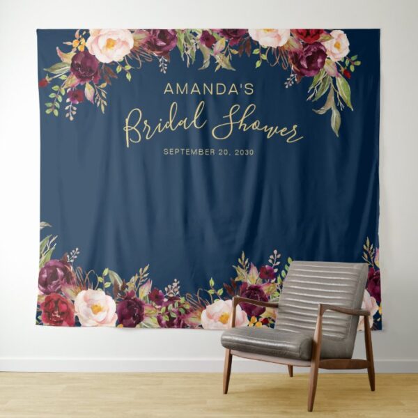Burgundy Floral Navy Bridal Shower Photo Booth Tapestry