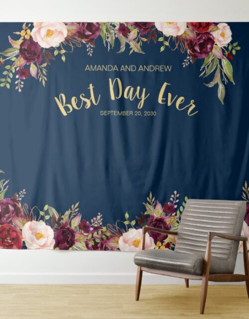 Burgundy Floral Navy Gold Wedding Photo Booth Tapestry