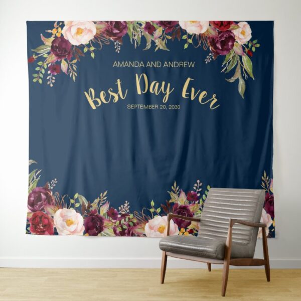 Burgundy Floral Navy Gold Wedding Photo Booth Tapestry