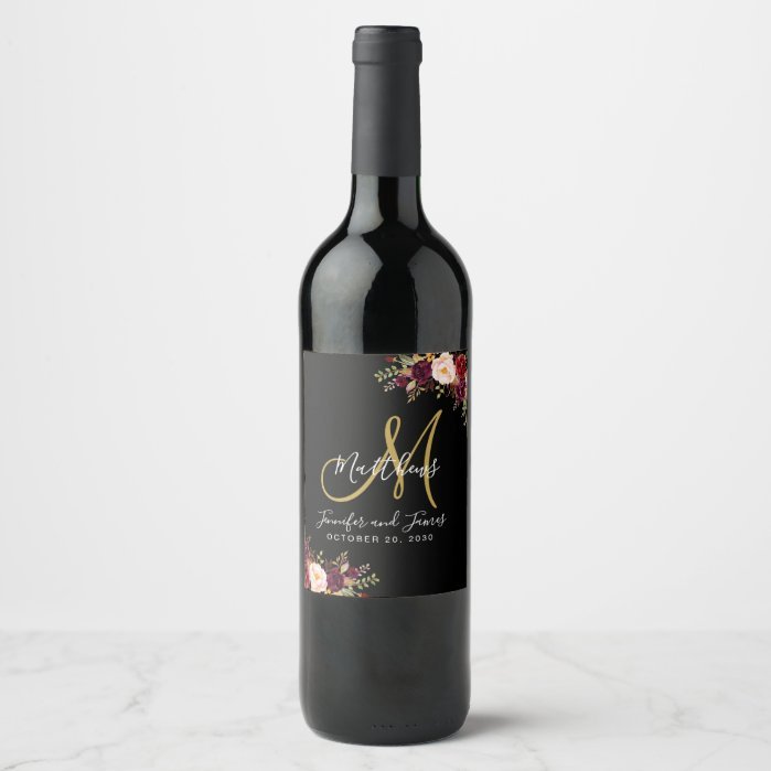 Burgundy Floral Rose Black Gold Monogram Wedding Wine Label