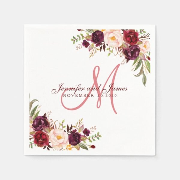 Burgundy Floral Watercolor Coral Monogram Wedding Napkins