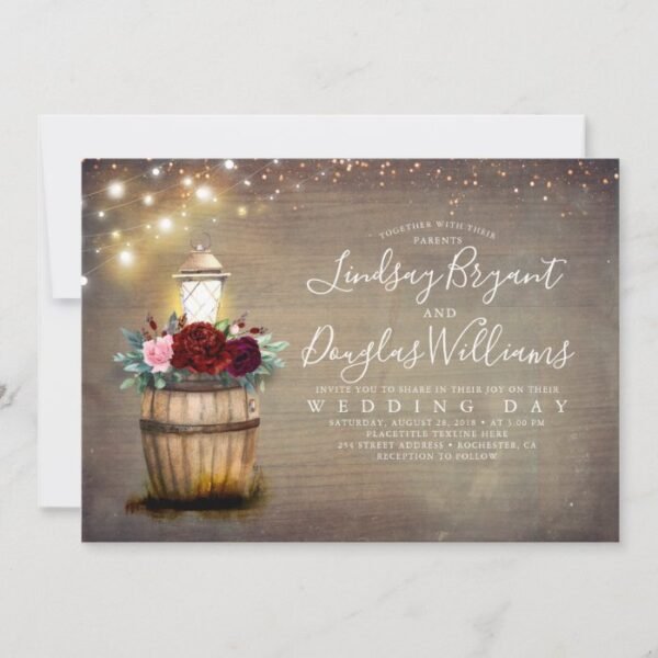 Burgundy Floral Wine Barrel Lantern Rustic Wedding Invitation