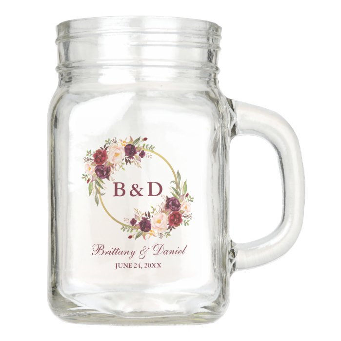 Burgundy Floral Wreath Gold Monogram Wedding HBg Mason Jar