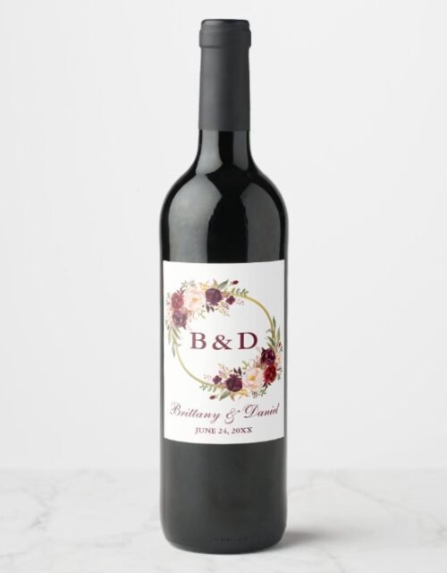 Burgundy Floral Wreath Monogram Wedding Wine Label