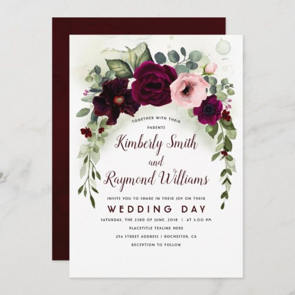 Burgundy Flowers and Greenery Garland Wedding Invitation