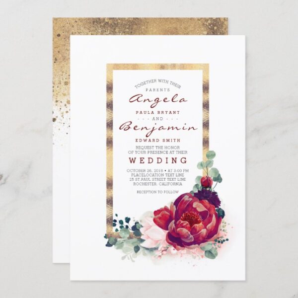 Burgundy Flowers and Modern Gold Frame Wedding Invitation