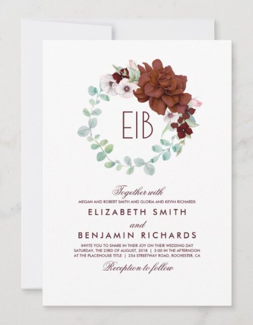 Burgundy Flowers Wreath - Elegant Monogram Wedding Invitation