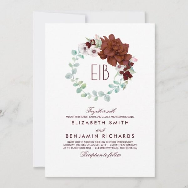 Burgundy Flowers Wreath - Elegant Monogram Wedding Invitation