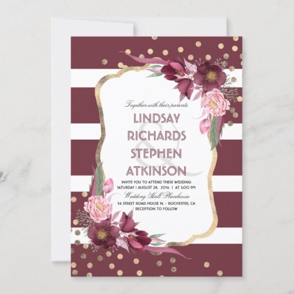 Burgundy Marsala Floral Stripes and Gold Wedding Invitation