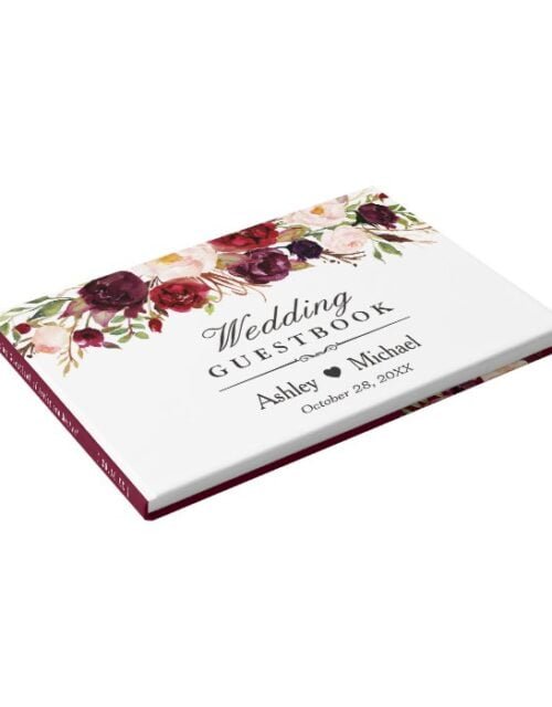 Burgundy Marsala Red Autumn Floral Wedding Guest Book