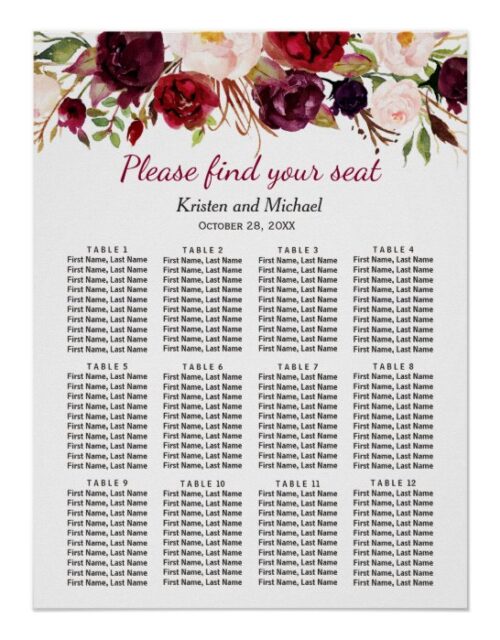 Burgundy Marsala Red Floral Wedding Seating Chart