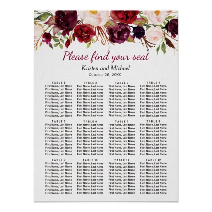 Burgundy Marsala Red Floral Wedding Seating Chart