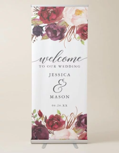 Burgundy Marsala Wedding Welcome Banner with Stand