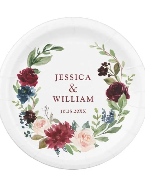 Burgundy Navy Blue Blush Floral Rustic Wedding Paper Plate