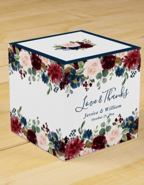 Burgundy Navy Blue Blush Floral Watercolor Wedding Favor Box