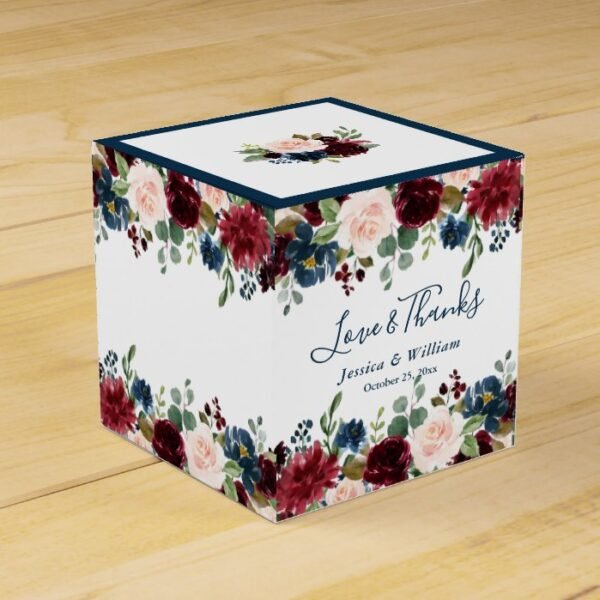 Burgundy Navy Blue Blush Floral Watercolor Wedding Favor Box