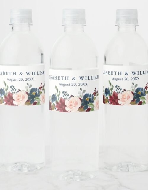 Burgundy Navy Blue Blush Floral Watercolor Wedding Water Bottle Label