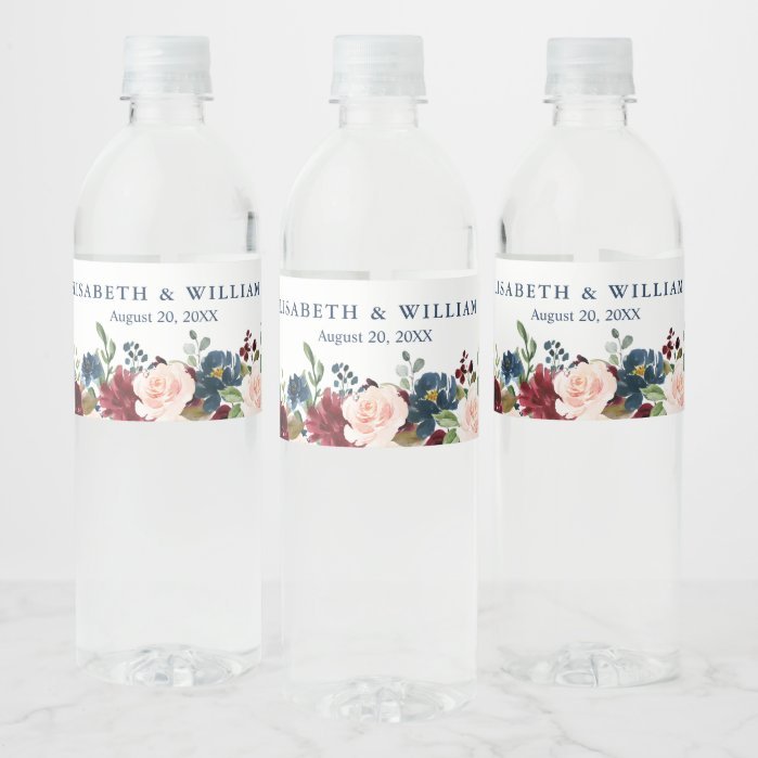 Burgundy Navy Blue Blush Floral Watercolor Wedding Water Bottle Label