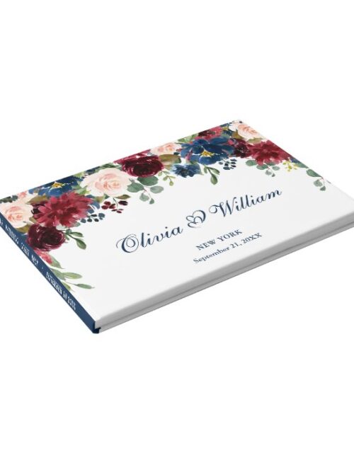 Burgundy Navy Blue Blush Floral Wedding Guest Book