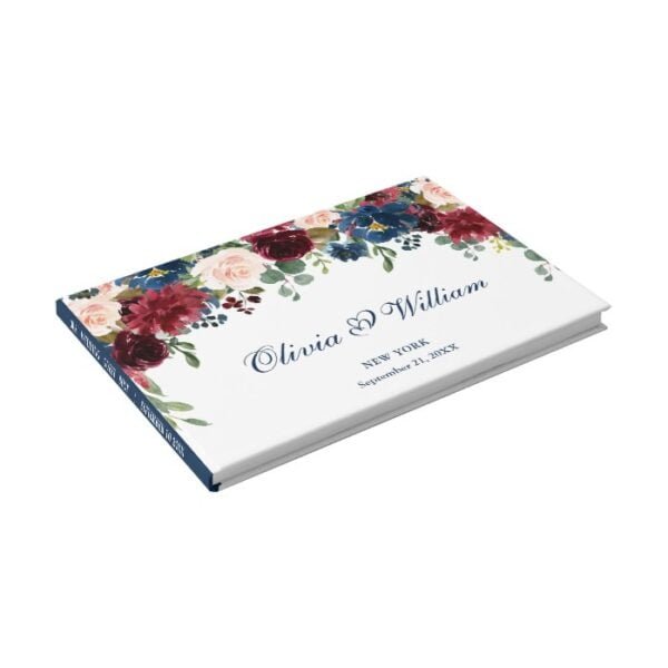 Burgundy Navy Blue Blush Floral Wedding Guest Book