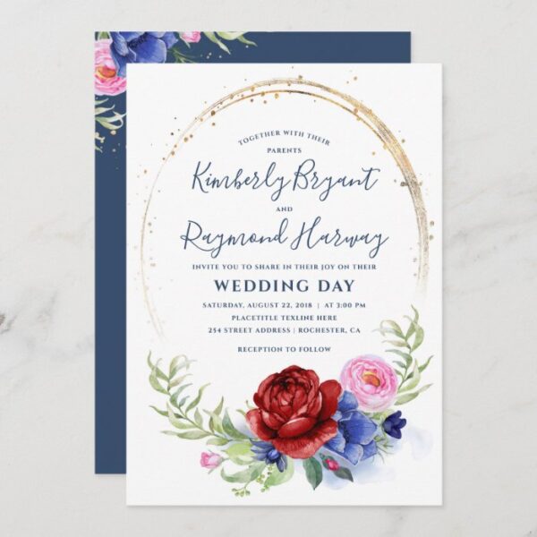 Burgundy Navy Blush and Gold Floral Rustic Wedding Invitation