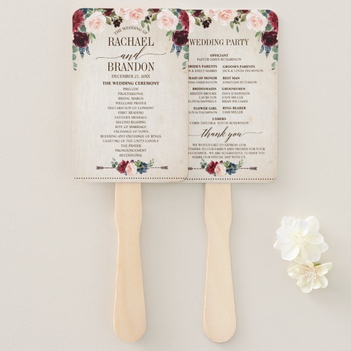 Burgundy Navy Floral Rustic Boho Country Wedding Hand Fan