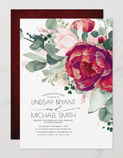 Burgundy Red and Blush Floral Elegant Boho Wedding Invitation