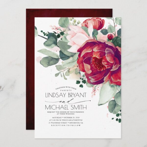Burgundy Red and Blush Floral Elegant Boho Wedding Invitation